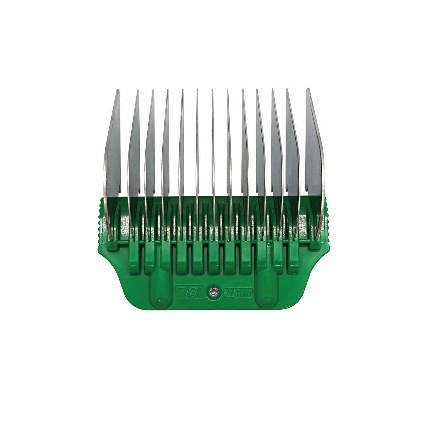 The Diamond Cut - Wide Blade Attachment Comb 22mm - 7/8" features a green and silver design with evenly spaced stainless steel teeth. Viewed from above on a white background, the size marking 7/8 22mm appears on the green plastic base.