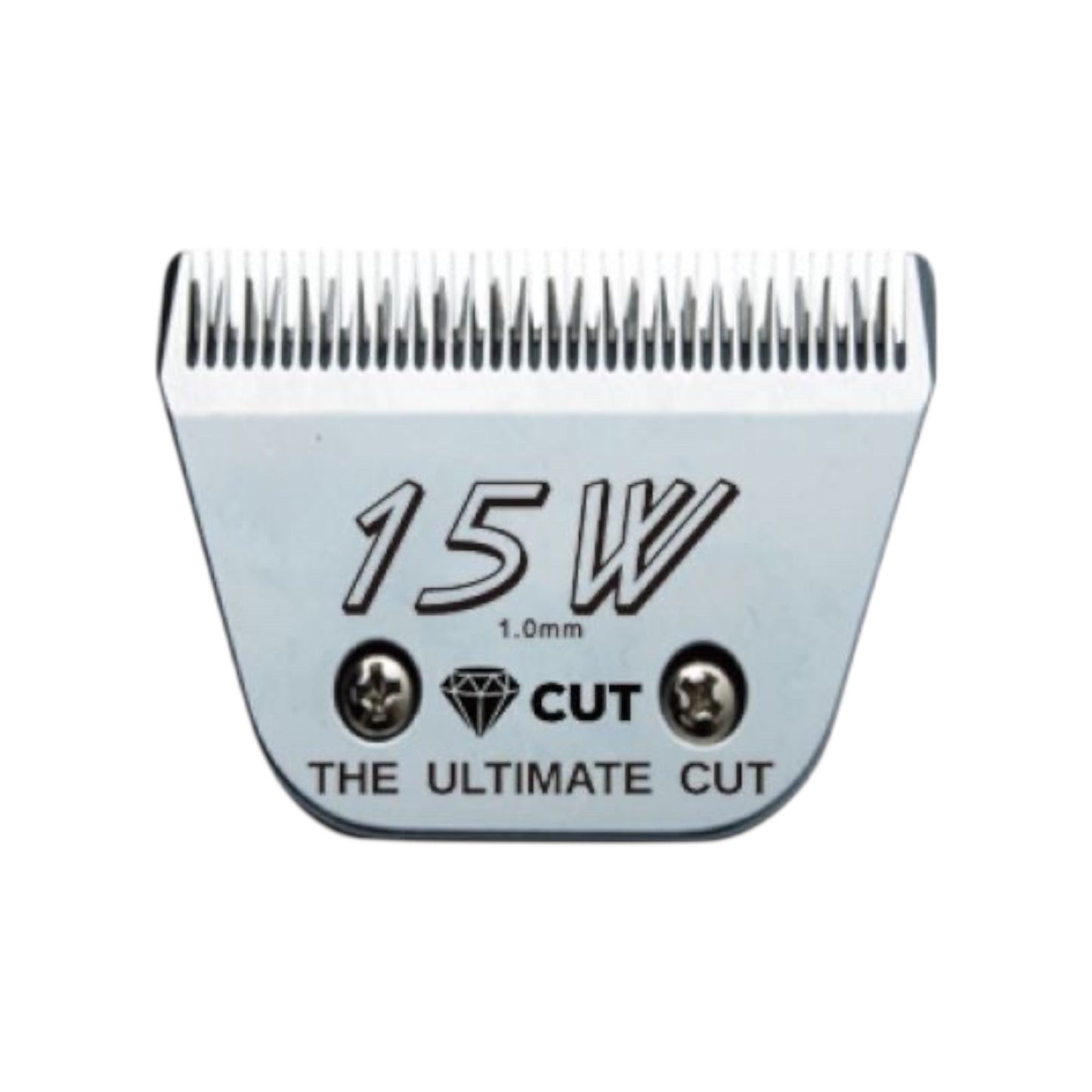 A close-up of the Diamond Cut #15 Wide A5 Clipper Blade (1.0mm) shows "15W, 1.0 mm, CUT," a diamond icon, and "THE ULTIMATE CUT" on its high carbon steel surface with two front screws for lasting sharpness.
