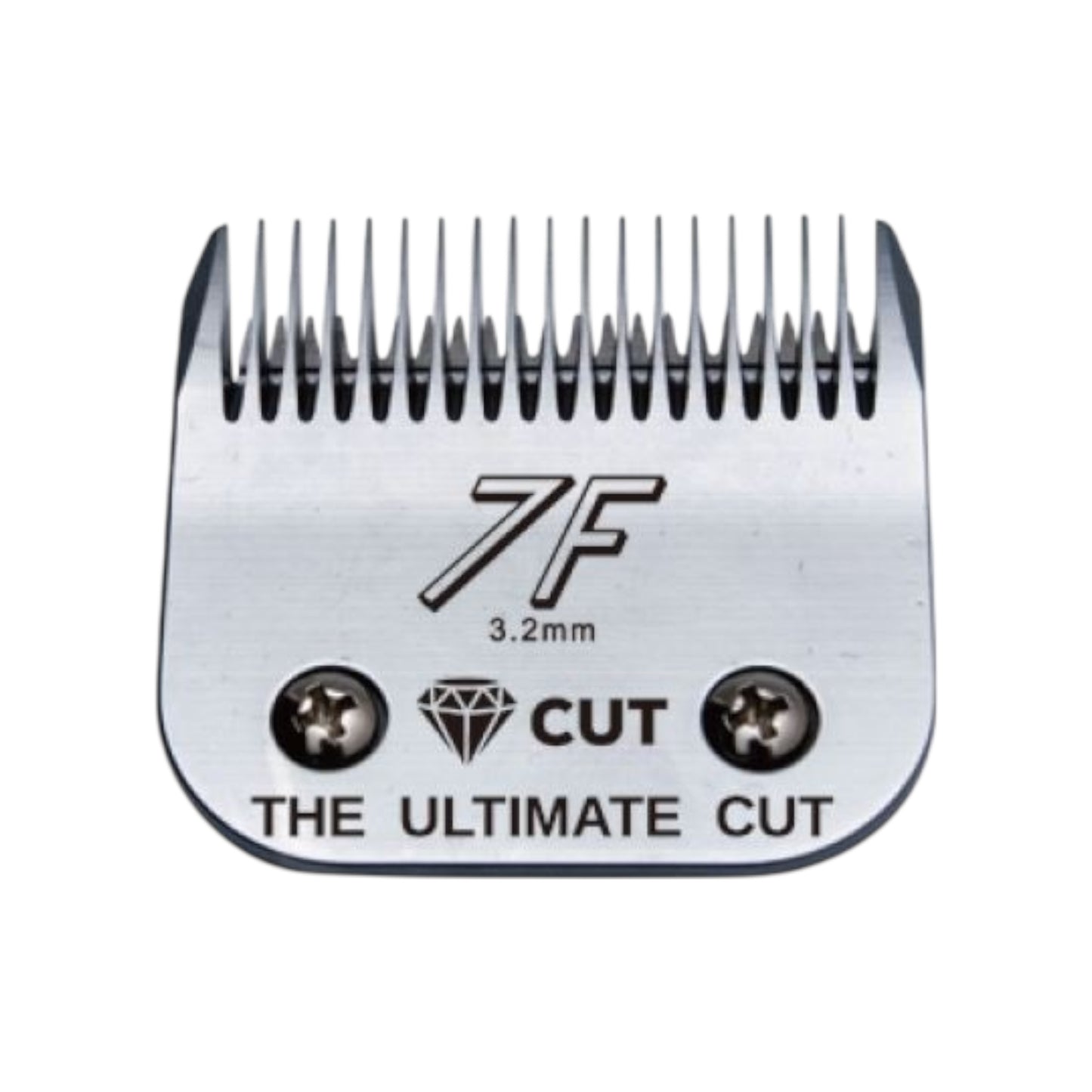 The Diamond Cut #7F A5 Clipper Blade Size 3.2mm features a silver finish, diamond icon, two screws, and "CUT THE ULTIMATE CUT" engraving—crafted from high carbon steel for professional clipper blade performance.