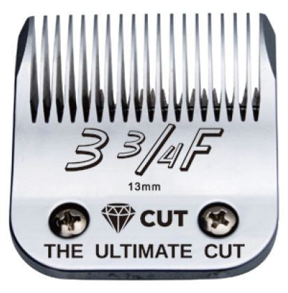 Close-up of the Diamond Cut #3 3/4F A5 Clipper Blade, Size 13mm, labeled “CUT,” featuring a diamond icon and “THE ULTIMATE CUT,” designed for A5 clippers with two screws visible at the bottom.
