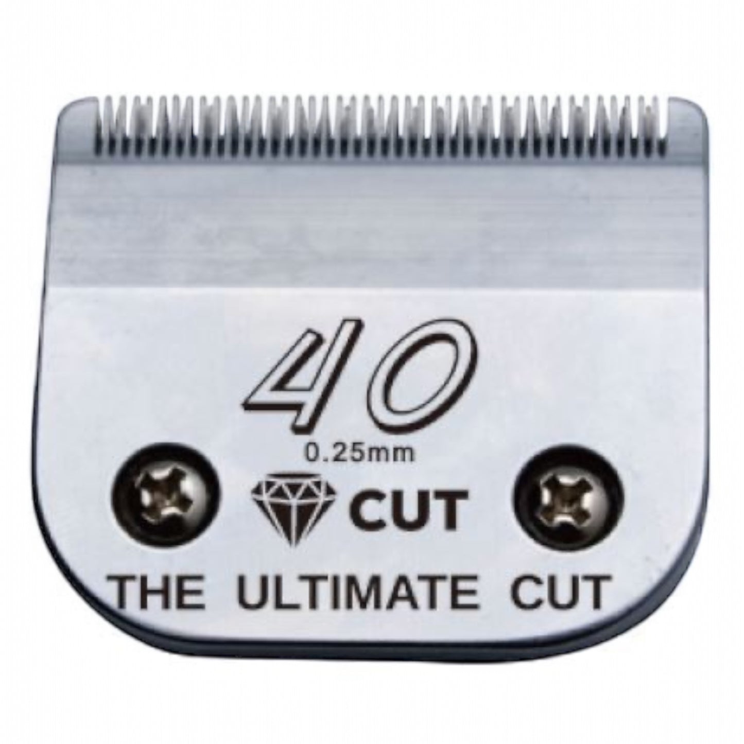 Close-up of the Diamond Cut #40 A5 Clipper Blade Size 0.25mm, featuring a diamond icon, "CUT" label, "THE ULTIMATE CUT" engraving, two visible screws, and made from high carbon steel for professional performance.