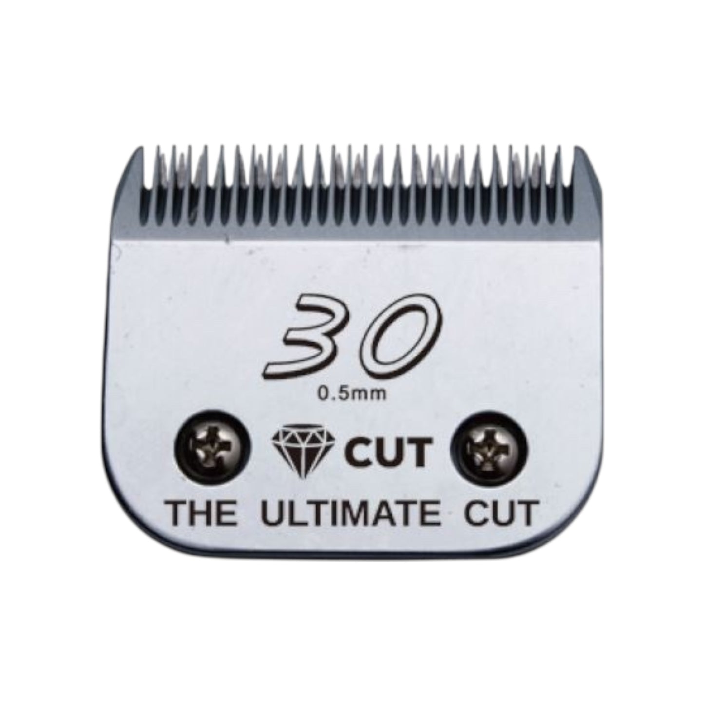 Close-up of the Diamond Cut #30 A5 Clipper Blade Size 0.5mm, labeled “30 0.5mm,” with “CUT,” a diamond icon, and “THE ULTIMATE CUT.” Made from high carbon steel, it has fine teeth and two visible screws.