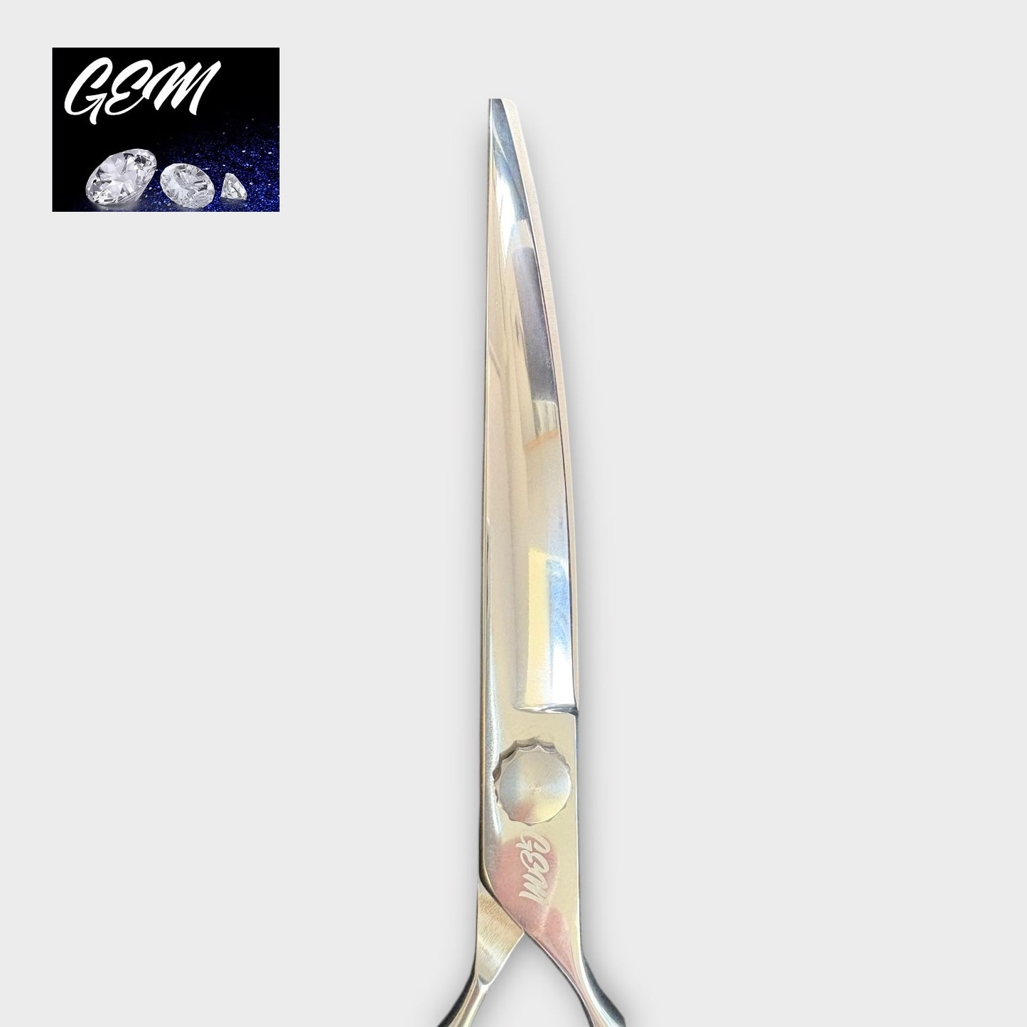 The GEM Supreme Curves 7.5" Scissors, made from shiny silver Aichi steel by VGR, stand vertically on a light grey background. The GEM logo and three diamond images are shown in the top left corner.