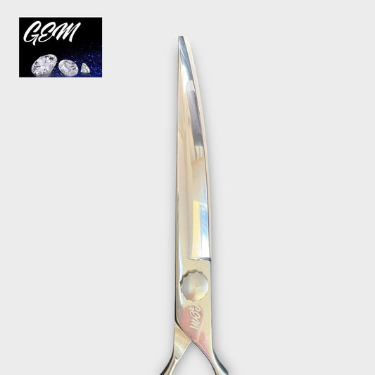 The GEM Supreme Curves 7.5" Scissors, made from shiny silver Aichi steel by VGR, stand vertically on a light grey background. The GEM logo and three diamond images are shown in the top left corner.