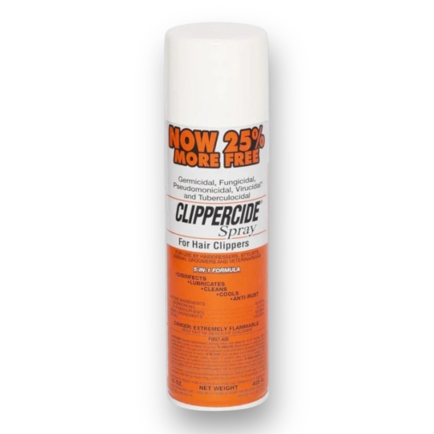 A white and orange aerosol can of Clippercide blade spray for hair clippers, featuring "NOW 25% MORE FREE" and highlighting its powerful 5-in-1 disinfectant action for germicidal, fungicidal, and virucidal protection.