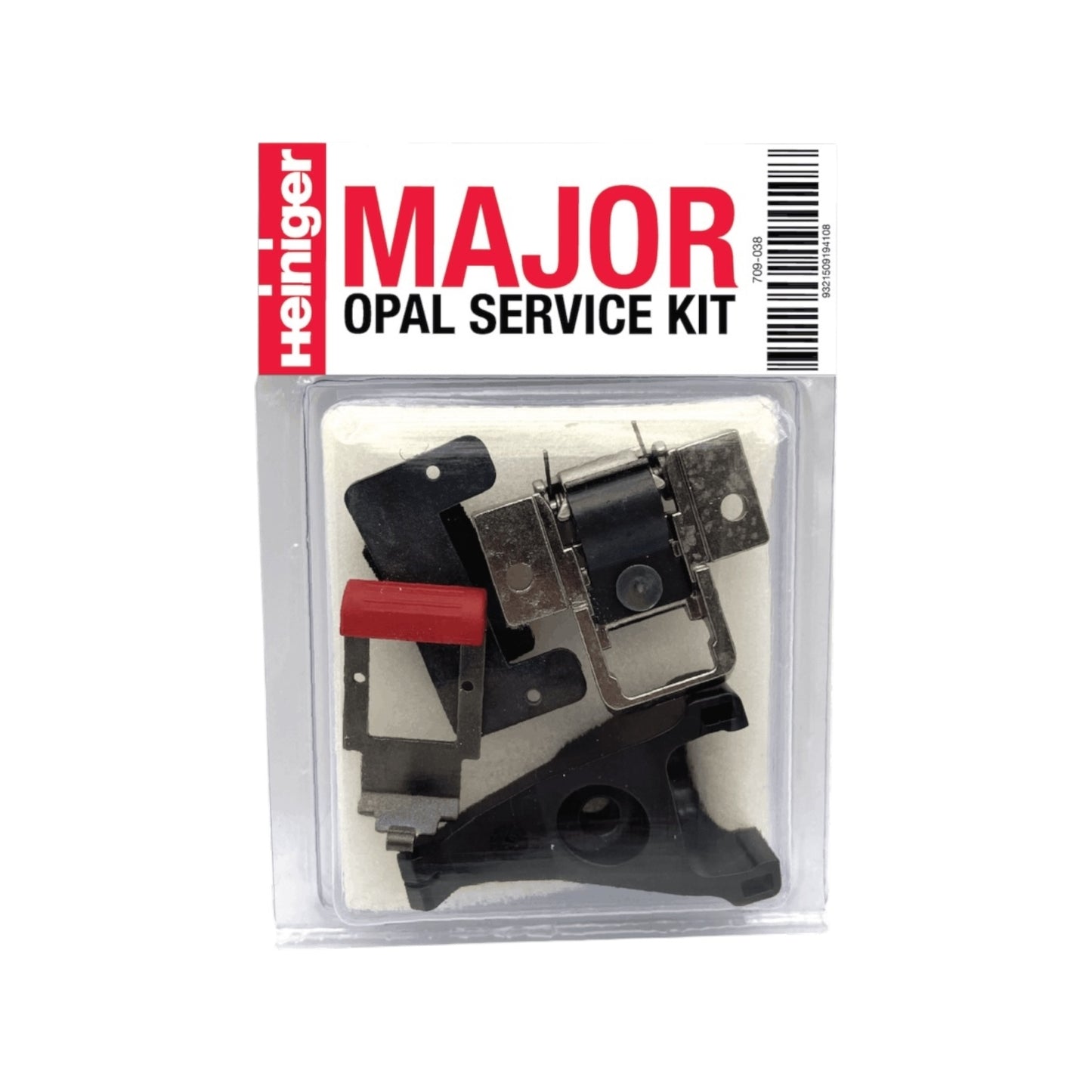 A clear plastic package labeled Heiniger Opal Major Service Kit contains assorted metal and plastic replacement parts for the OPAL clipper, all neatly arranged inside.