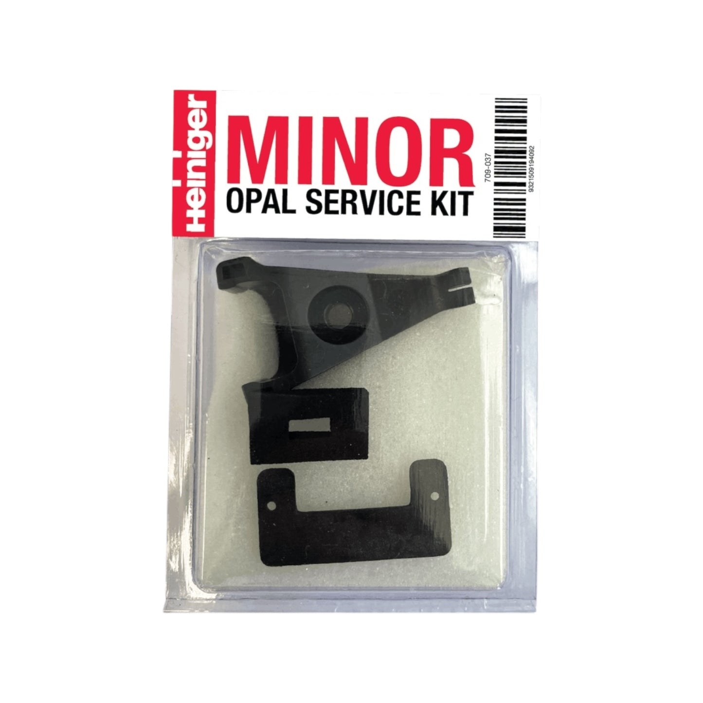 The Heiniger Opal Minor Service Kit comes in clear packaging with visible black replacement parts and a red and white label displaying the product name. Perfect for clipper maintenance and minor repairs.