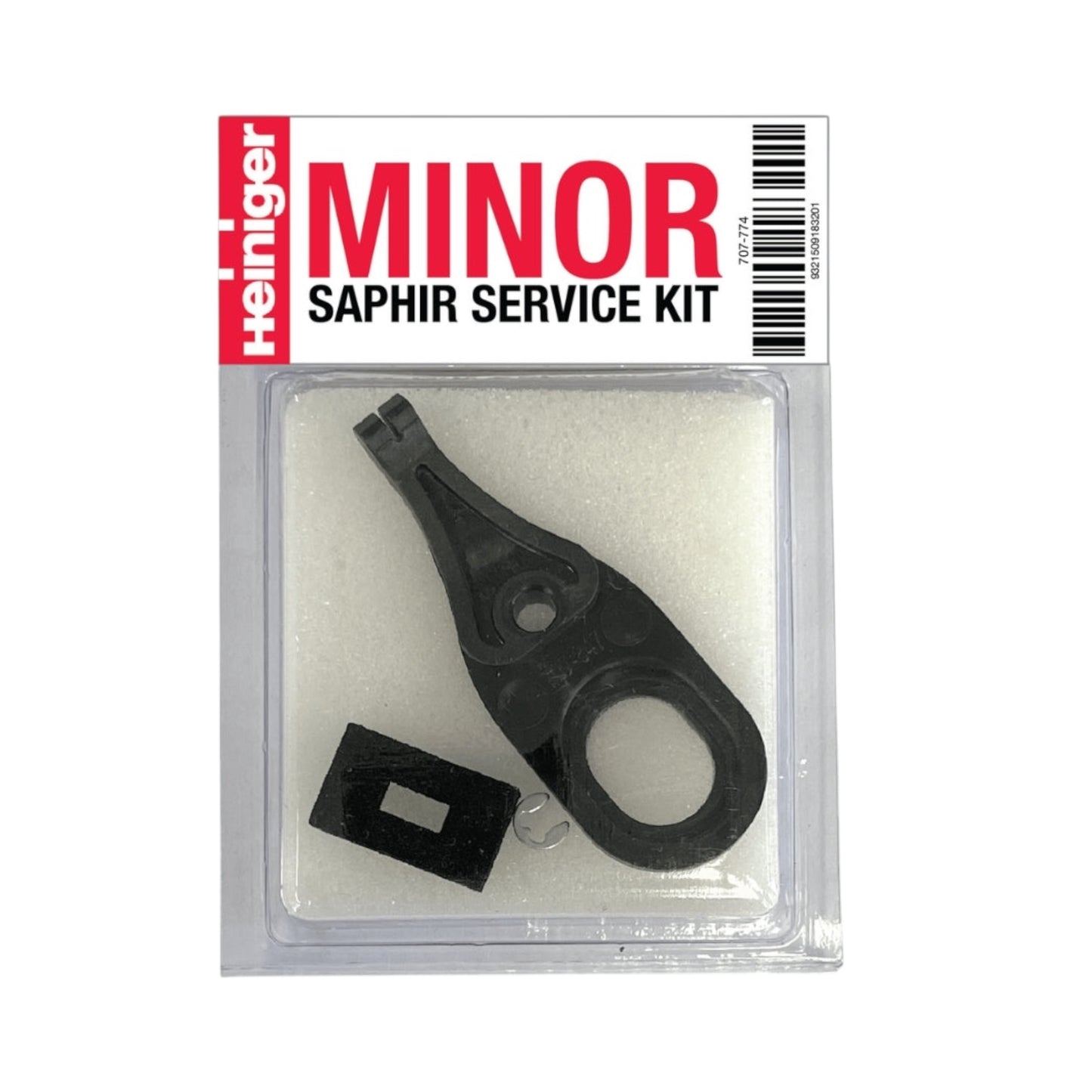 The Heiniger Saphir Minor Service Kit includes a black plastic component, a rectangular black piece, and a small metal clip for maintaining Saphir clippers or the Oster Pro 3000ii cordless clipper.