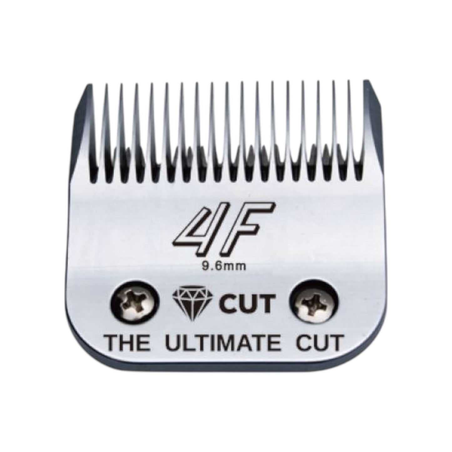The Diamond Cut #4F A5 Clipper Blade (9.6mm) features high carbon steel for lasting sharpness, two screws, a diamond icon, and “CUT THE ULTIMATE CUT” engraving—ideal for professional clipper blades.