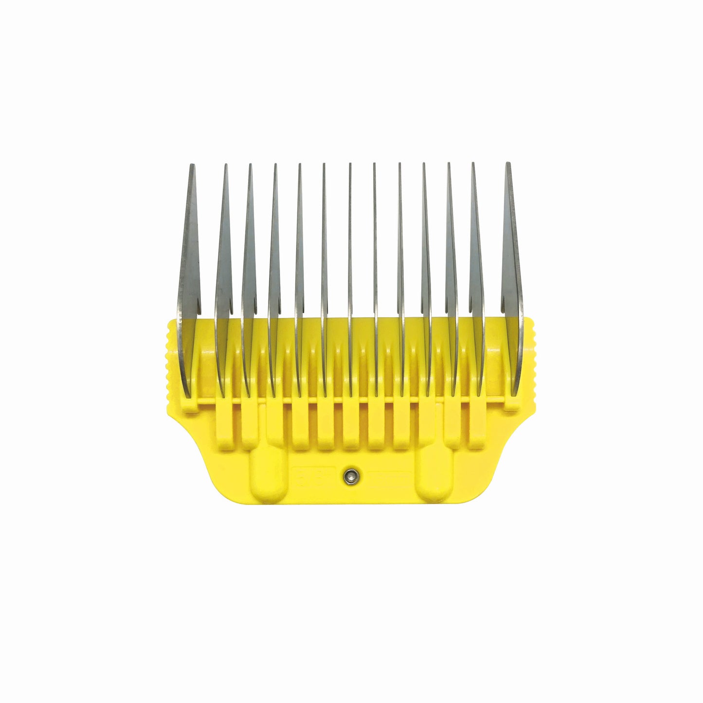 The Diamond Cut - Wide Blade Attachment Comb 16mm - 5/8", featuring evenly spaced stainless steel blades, is displayed in yellow against a white background, ideal for shearing or grooming animals.