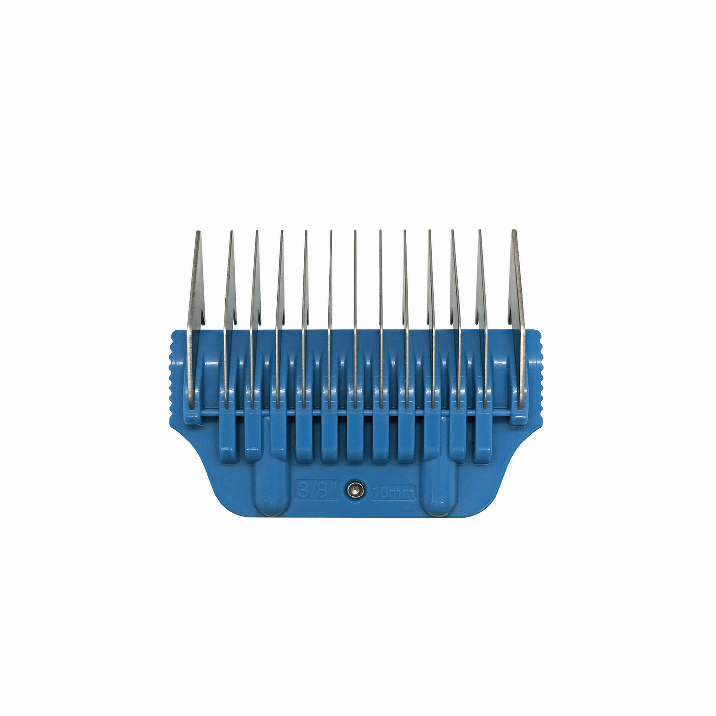 The Diamond Cut - Wide Blade Attachment Comb 10mm - 3/8" is a blue plastic hair clipper guard with stainless steel prongs, shown isolated on a white background.