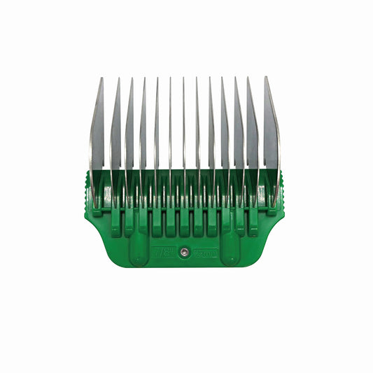 The Diamond Cut - Wide Blade Attachment Comb 22mm - 7/8" features a green and silver design with evenly spaced stainless steel teeth. Viewed from above on a white background, the size marking 7/8 22mm appears on the green plastic base.