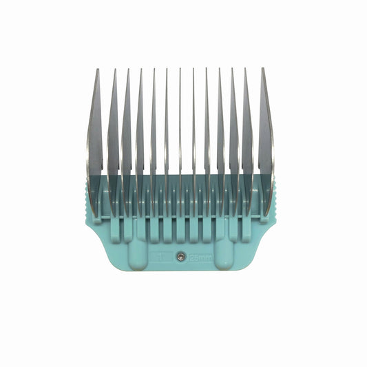A close-up of the Diamond Cut - Wide Blade Attachment Comb 25mm (1"), featuring teal plastic and stainless steel with long, evenly spaced metal teeth, shown on a white background.