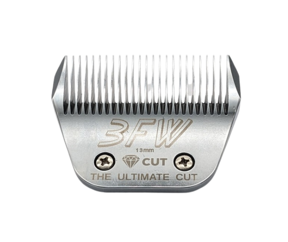 The Diamond Cut #3F Wide A5 Clipper Blade Size 13mm features sharp, closely spaced teeth at the top, two screws at the bottom, a diamond icon on the front, and is crafted from high carbon steel.