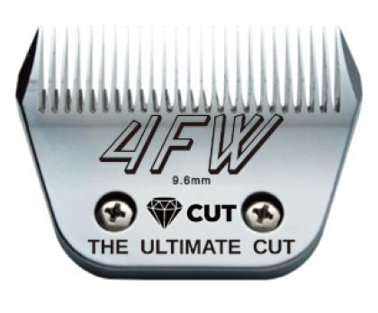 The Diamond Cut #4F Wide A5 Clipper Blade Size 9.6mm, crafted from high carbon steel, has a diamond icon and "CUT" and "THE ULTIMATE CUT" engraved on it, plus two bottom screws for secure attachment.