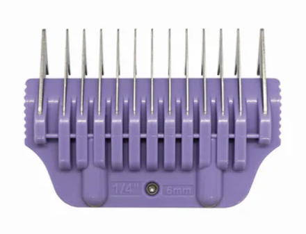 The Diamond Cut - Wide Blade Attachment Comb 6mm - 1/4" is a purple comb with stainless steel teeth, designed to help control hair length during trimming.