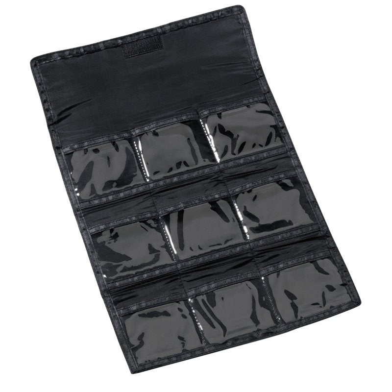 The Andis Folding Blade Case is a black roll-up organizer with nine clear pockets in three rows. It lays flat to display all compartments, ideal for storing blades or organizing your grooming kit.