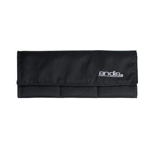 The Andis Folding Blade Case is a black fabric grooming kit with a flap closure and "andis" embroidered in white on the front, perfect for storing blades.