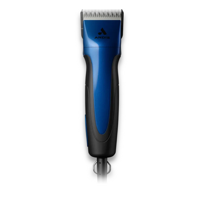 Clipper Servicing: A blue and black electric hair clipper with a metal blade labeled Andis, shown upright with a cord extending downward—perfect for reliable performance and easy maintenance.