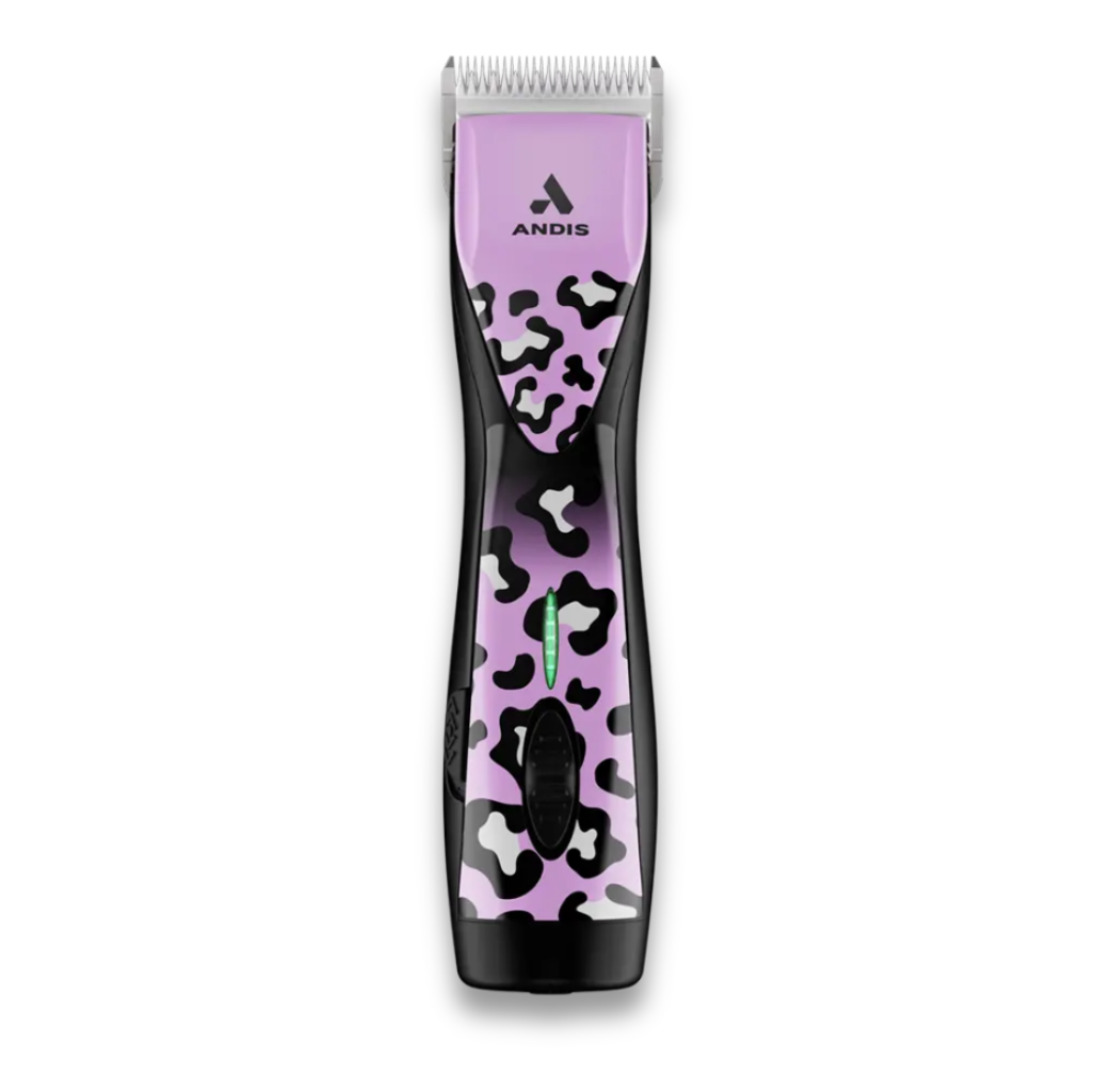 Clipper Servicing is a cordless hair clipper with a purple and black camouflage design, silver blades, and a green front power indicator—easy to use and designed for simple maintenance.