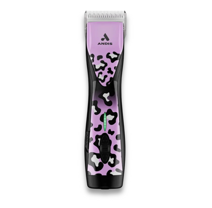 Clipper Servicing is a cordless hair clipper with a purple and black camouflage design, silver blades, and a green front power indicator—easy to use and designed for simple maintenance.