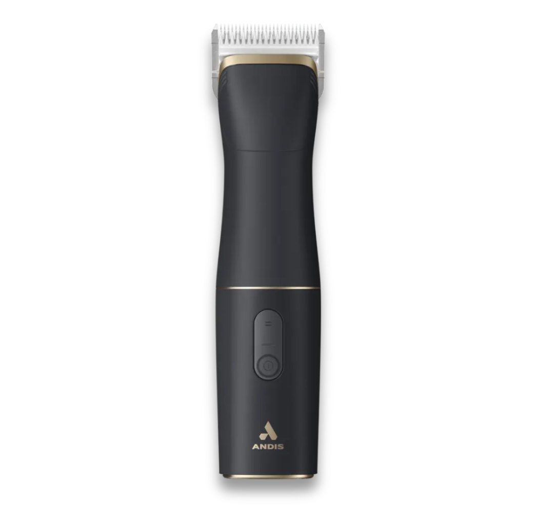 Clipper Servicing: A black electric hair clipper with gold accents and a front power button, featuring a detachable blade for smooth cuts and easy maintenance, shown on a white background.