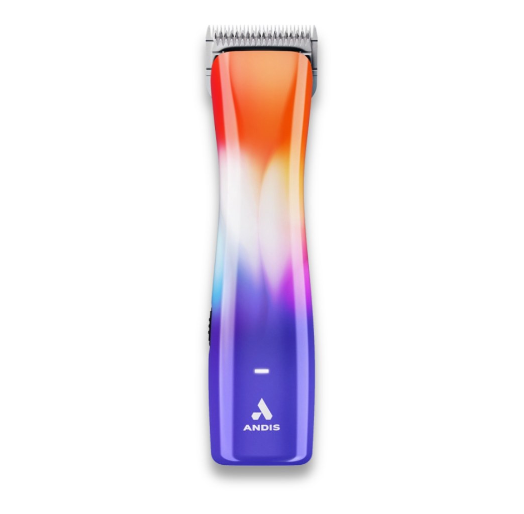 Clipper Servicing: A vibrant hair clipper with a red, orange, white, purple, and blue gradient design, silver blade, and Andis logo near the base—perfect for reliable maintenance. Displayed on a white background.