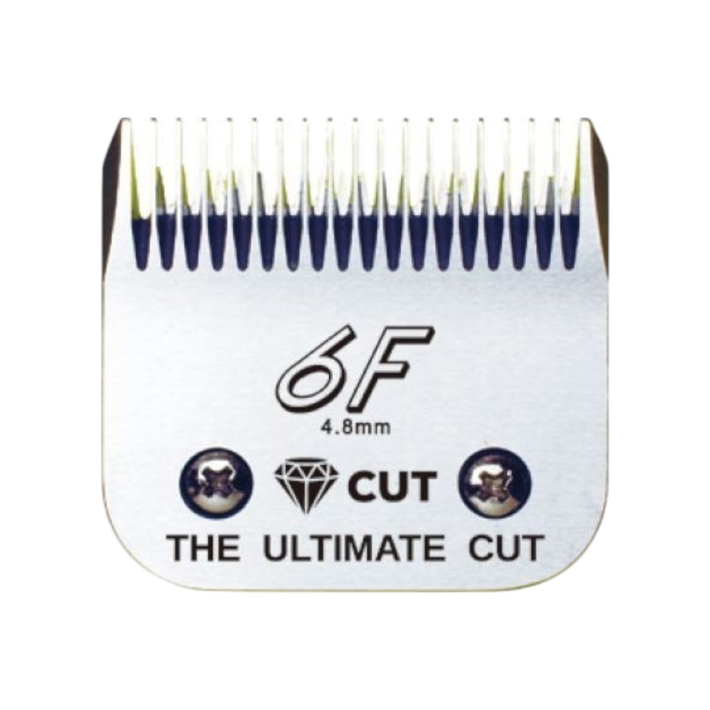 The Diamond Cut #6F A5 Clipper Blade Size 4.8mm features high carbon steel, two screws, a diamond icon, and “CUT THE ULTIMATE CUT” engraving. Straight, evenly spaced teeth ensure precise clipping results.