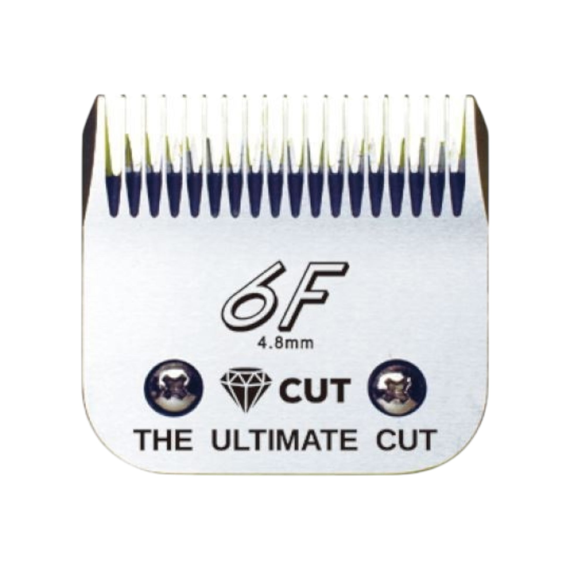 The Diamond Cut #6F A5 Clipper Blade Size 4.8mm features high carbon steel, two screws, a diamond icon, and “CUT THE ULTIMATE CUT” engraving. Straight, evenly spaced teeth ensure precise clipping results.