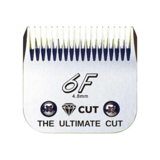 The Diamond Cut #6F A5 Clipper Blade Size 4.8mm features high carbon steel, two screws, a diamond icon, and “CUT THE ULTIMATE CUT” engraving. Straight, evenly spaced teeth ensure precise clipping results.