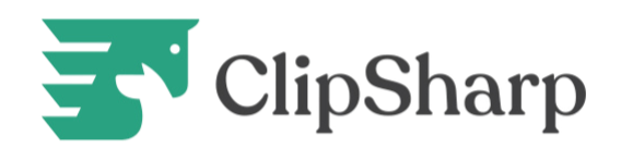Logo for “ClipSharp” featuring a stylized green horse head made of horizontal lines to the left of the brand name in gray serif font.