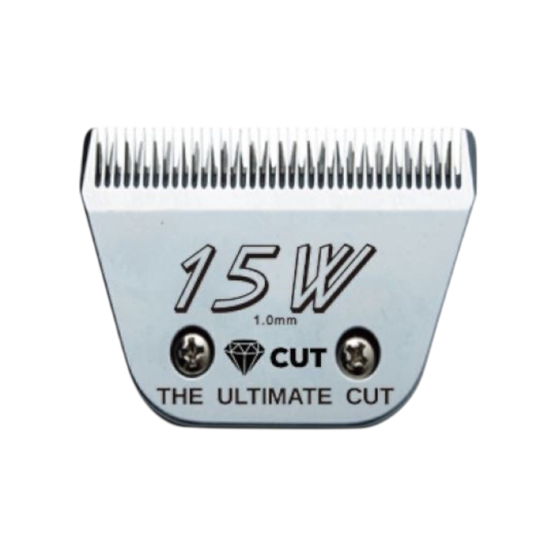 A close-up of the Diamond Cut #15 Wide A5 Clipper Blade (1.0mm) shows "15W, 1.0 mm, CUT," a diamond icon, and "THE ULTIMATE CUT" on its high carbon steel surface with two front screws for lasting sharpness.