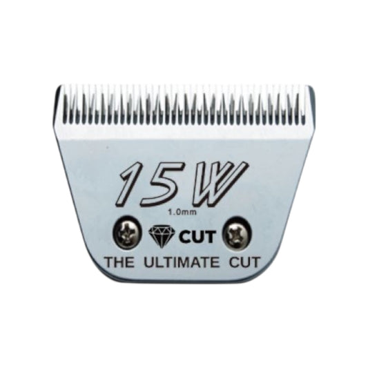 A close-up of the Diamond Cut #15 Wide A5 Clipper Blade (1.0mm) shows "15W, 1.0 mm, CUT," a diamond icon, and "THE ULTIMATE CUT" on its high carbon steel surface with two front screws for lasting sharpness.