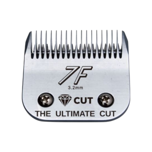 The Diamond Cut #7F A5 Clipper Blade Size 3.2mm features a silver finish, diamond icon, two screws, and "CUT THE ULTIMATE CUT" engraving—crafted from high carbon steel for professional clipper blade performance.