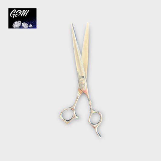 The GEM Supreme Straights 7.5" Scissors, featuring finger rests and a shiny finish, are displayed on a light gray background. A logo with "GEM" and three gemstones appears in the top left corner.