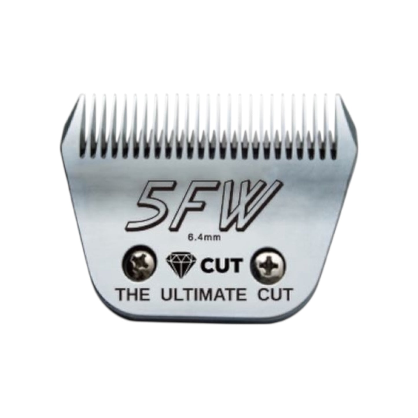 The Diamond Cut #5F Wide A5 Clipper Blade (6.4mm, high-carbon steel) features "CUT" and "THE ULTIMATE CUT" engraved by a diamond icon on the front. Ideal for professional clipper blade collections, shown against a white background.