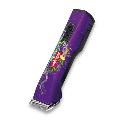 Clipper Servicing: A purple electric hair clipper with colorful swirl designs and the Heiniger logo in red and white on the handle, shown on a white background—perfect for easy maintenance and long-lasting performance.