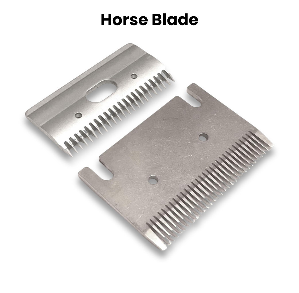 Two metallic clipper blades, one atop the other on a white background, with "Clipper Blade Sharpening" at the top. Ideal for anyone seeking expert sharpening for precise grooming results.