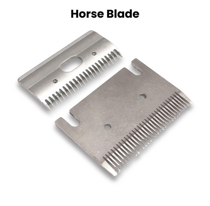 Two metallic clipper blades, one atop the other on a white background, with "Clipper Blade Sharpening" at the top. Ideal for anyone seeking expert sharpening for precise grooming results.