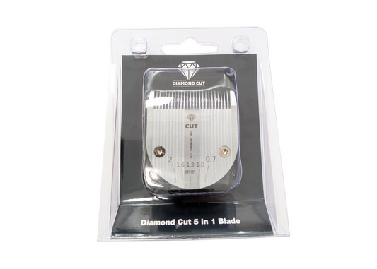 The Diamond Cut 5 in 1 Adjustable Blade (0.7–2mm) with ceramic cutter has silver blades labeled by length, packed in a clear case with black and silver labels. Compatible with DC Medley, Bravura, ARCO, and Supergroom clippers.