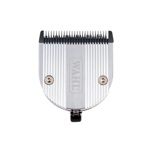 Close-up of a silver Wahl 5 in 1 Adjustable Blade Set for HARMONY / CENTURY Cordless Animal Clipper, showing visible screws and ridged metal surface against a plain white background.