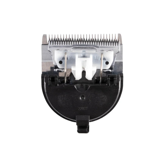 Close-up of a Wahl 5 in 1 Adjustable Blade Set for HARMONY / CENTURY Clipper Animal Cordless Clipper, featuring sharp metal teeth and a plastic base, shown from the front against a plain white background.