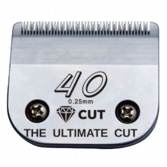 Close-up of the Diamond Cut #40 A5 Clipper Blade Size 0.25mm, featuring a diamond icon, "CUT" label, "THE ULTIMATE CUT" engraving, two visible screws, and made from high carbon steel for professional performance.