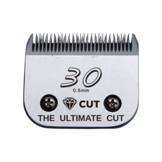 Close-up of the Diamond Cut #30 A5 Clipper Blade Size 0.5mm, labeled “30 0.5mm,” with “CUT,” a diamond icon, and “THE ULTIMATE CUT.” Made from high carbon steel, it has fine teeth and two visible screws.