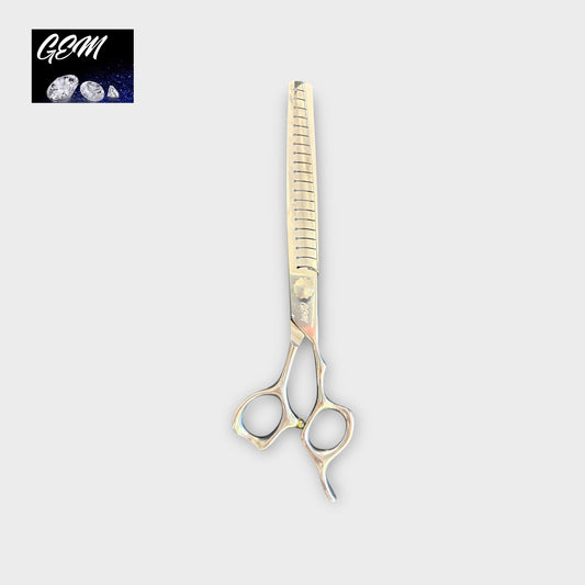 A pair of GEM Supreme Straight Chunkers 7.5" Scissors with a unique handle design is shown on a light gray background. The top left corner features the GEM logo with three gemstones, emphasizing these premium grooming scissors.