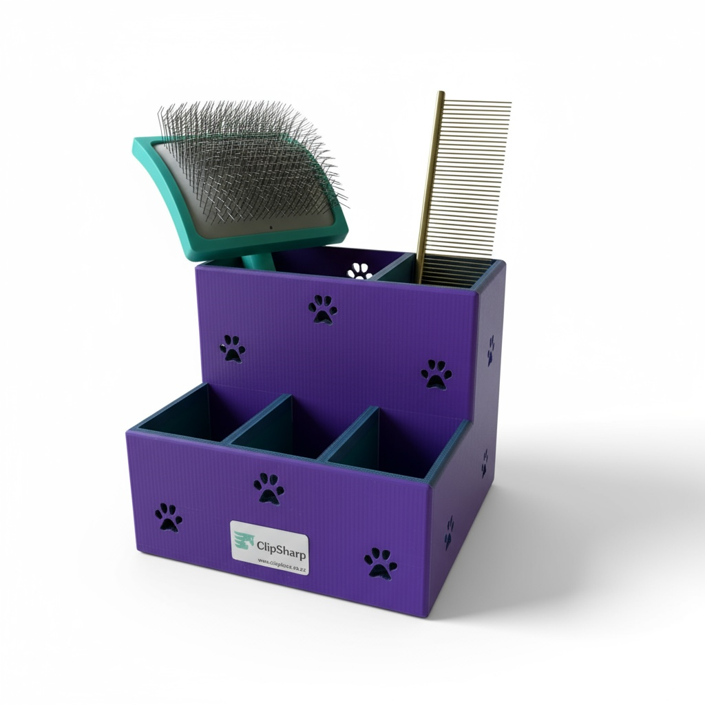 A purple Clip Sharp Large Storage Caddy holds a green pet slicker brush and a gold metal comb, with several empty compartments visible.