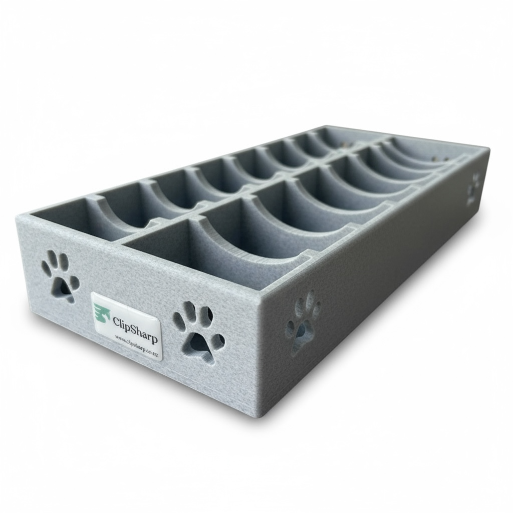 The Clip Sharp Multi Blade Tray is a gray organizer with multiple compartments, paw print cutouts on the sides, and a ClipSharp label on the front.