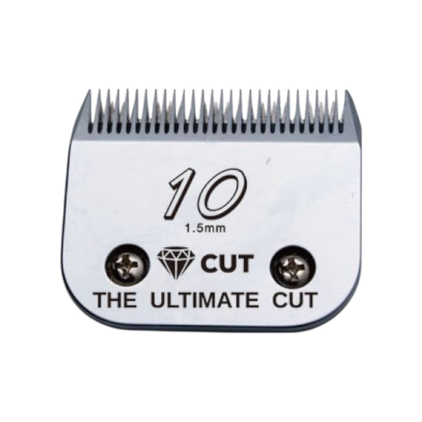 The Diamond Cut #10 A5 Clipper Blade Size 1.5mm is a high carbon steel blade engraved with THE ULTIMATE CUT, features two screws and a diamond icon.