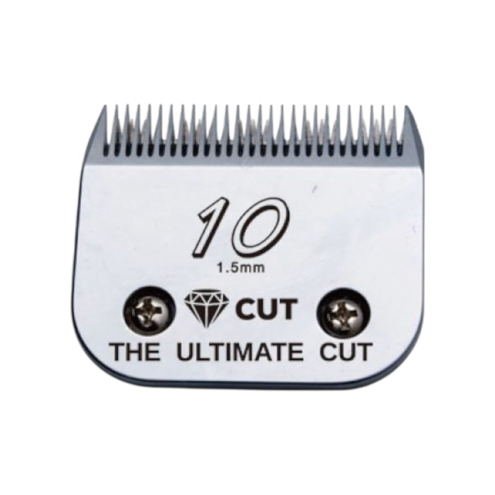The Diamond Cut #10 A5 Clipper Blade Size 1.5mm is a high carbon steel blade engraved with THE ULTIMATE CUT, features two screws and a diamond icon.