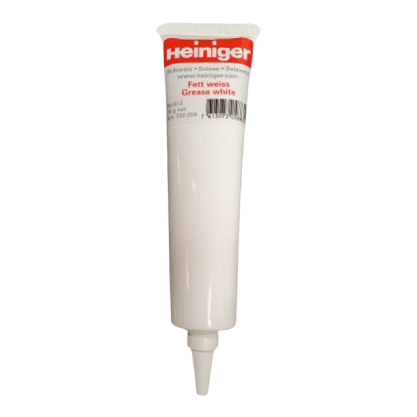 A white tube of Heiniger White Grease with a red and white cap, used for lubrication, is shown standing upright on a white background.